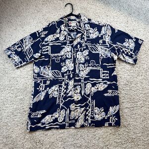 Hilo Hattie Hawaiian Shirt Mens‎ L Blue Button Up Short Sleeve Floral Hibiscus
